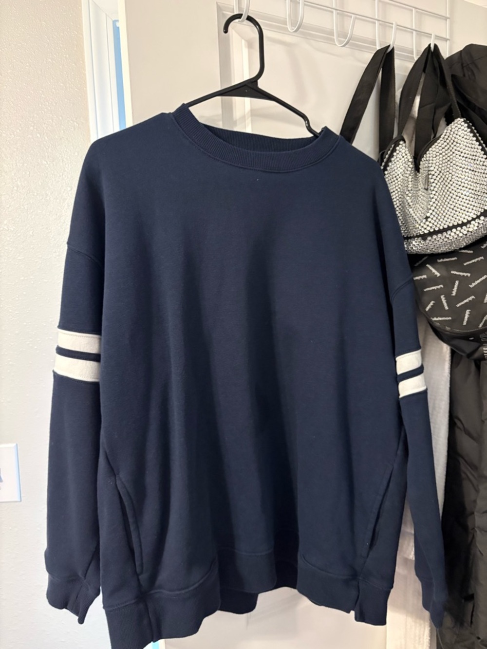 Danskin Navy Sweatshirt with White Sleeve Stripes